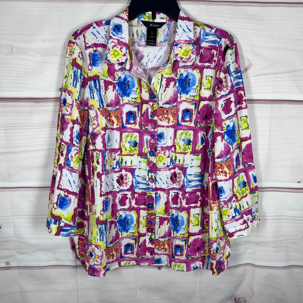 Ali Miles Button Up Shirt Women L Multi Abstract Floral Art To Wear Collared Top